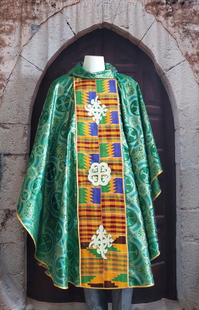 Green Jacquard Chasuble With Adinkra Symbols